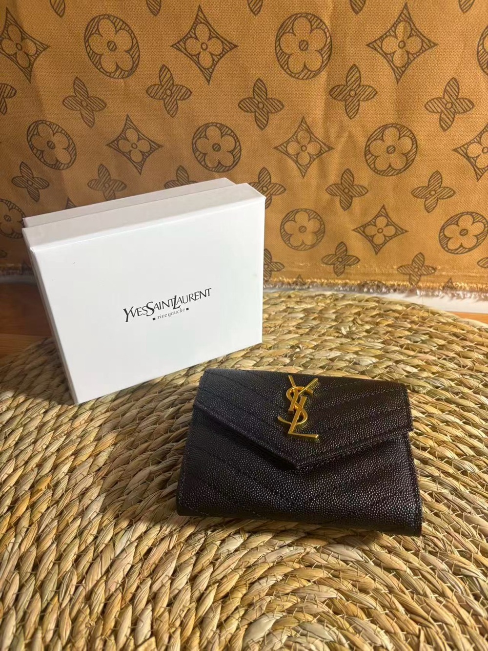 Yves Saint Laurent Black Textured Leather Wallet with Gold YSL Emblem